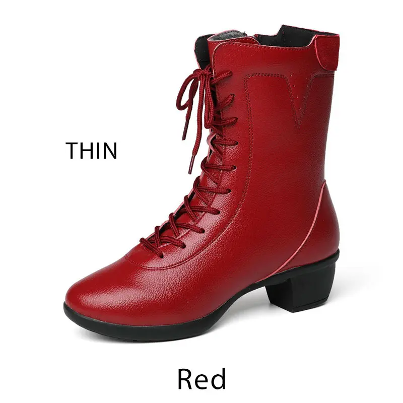 Red thin Новое Женское для современных танцев сапоги женские Джаз мягкая подошва молния квадратный каблук танцевальная обувь осень зима средний каблук Теплые кроссовки для фитнеса - Цвет: Red thin