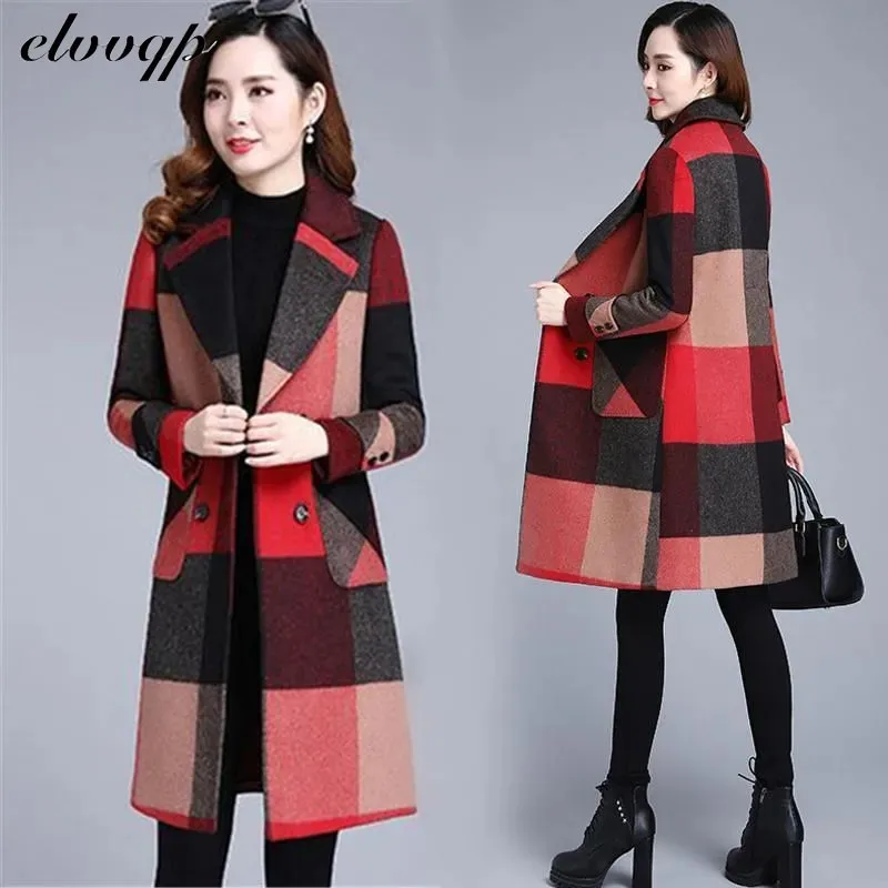 

L-4xl Women Wool Blends Coat Autumn 2021 New Fashion Thicken Warm Plaid Overcoat Slim Long Tops Outerwear Female