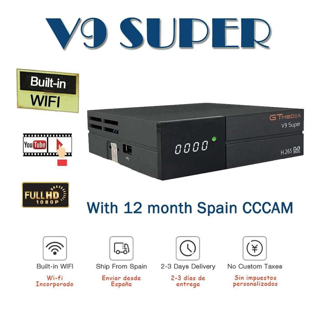 

GTmedia V9 Super Digital Satellite TV Receiver built-in WIFI HD 1080P with 2 years Europe Channels DVB-S2 H.265 DRE &Biss key
