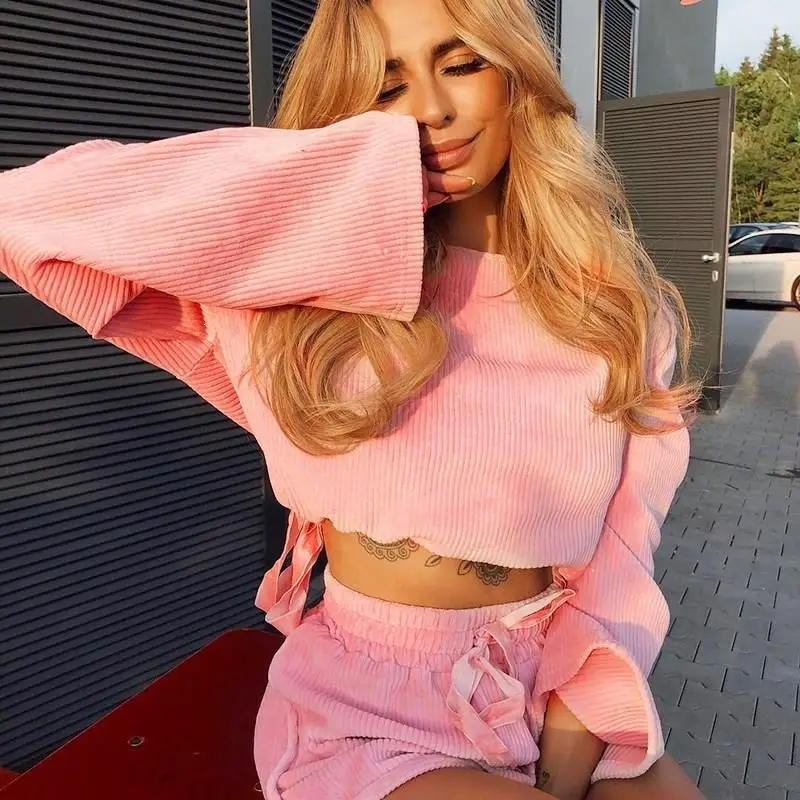 

Solid Corduroy Two Piece Set Women Flare Sleeve Crop Top Lace Up Loose Shorts Suit Streetwear Short Pants Outfits Casual Sets