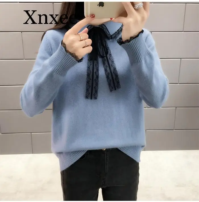 Elegant Lace Turn-down Collor Sweater Women Jumper 2019 Autumn Winter Long Sleeve Knitted Pullover Sweater Female Khaki lace Elegant Lace Turn-down Collor Sweater Women Jumper 2019 Autumn Winter Long Sleeve Knitted Pullover Sweater Female Khaki lace