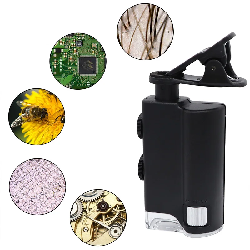 

60X/100X Mobile Phone Microscope with Cell Phone Clip Pocket Magnifying Glass LED UV Light / Jade Identification