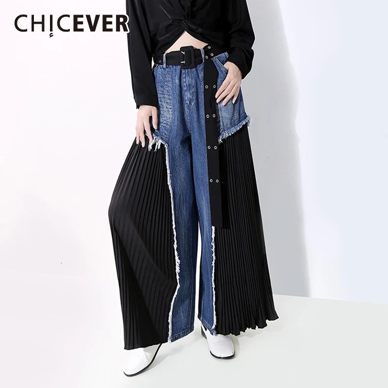 Женские лоскутные плиссированные джинсы CHICEVER Свободные повседневные с бахромой
