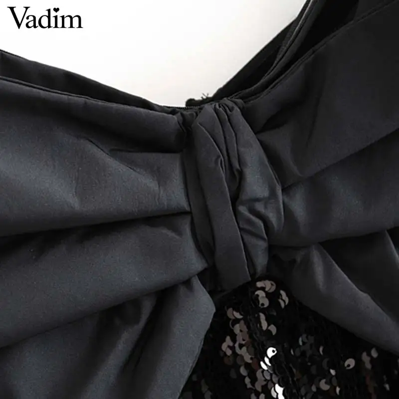 Vadim, женское сексуальное мини-платье без рукавов, украшенное бантом, с открытой спиной, на тонких бретелях, вечерние, клубный стиль, женские черные платья, QC987