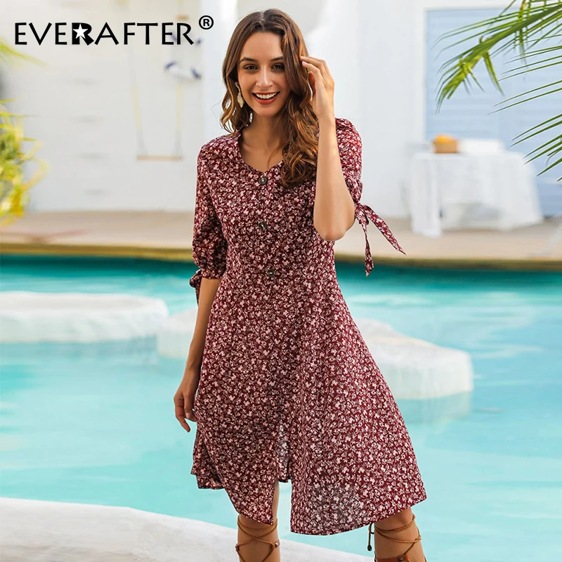 EVERAFTER элегантное женское платье с v-образным вырезом и цветочным принтом в стиле бохо с рукавом до локтя, сексуальное весеннее Платье на шнуровке с разрезом и пуговицами, женское платье-миди