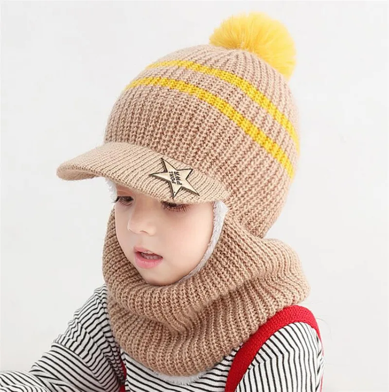 Knit Short Plush Hooded Scarf Kids Hat And Scarf Child Winter Warm Protection Ear Pom Pom Cap Scarves Girls Boy Accessories
