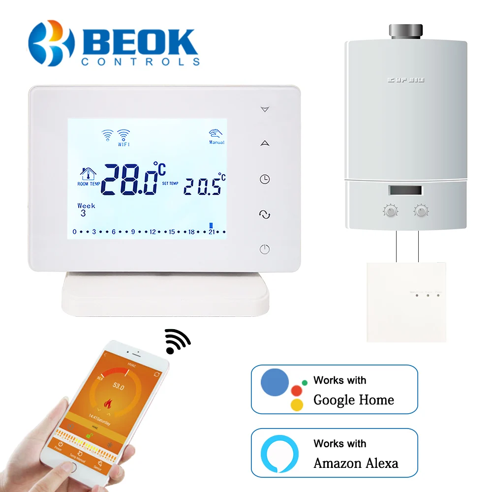 Beok 2 pcs Wireless Wifi Smart Thermostat for Gas Boiler Temperature Controller Works with Google Home Alexa BOT306RF-WIFI