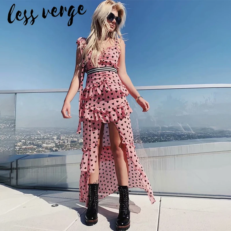 

lessverge Bohemian ruffles heart pink chiffon maxi dress Elegant striped lace up boho summer dress Long zipper beach dress robe