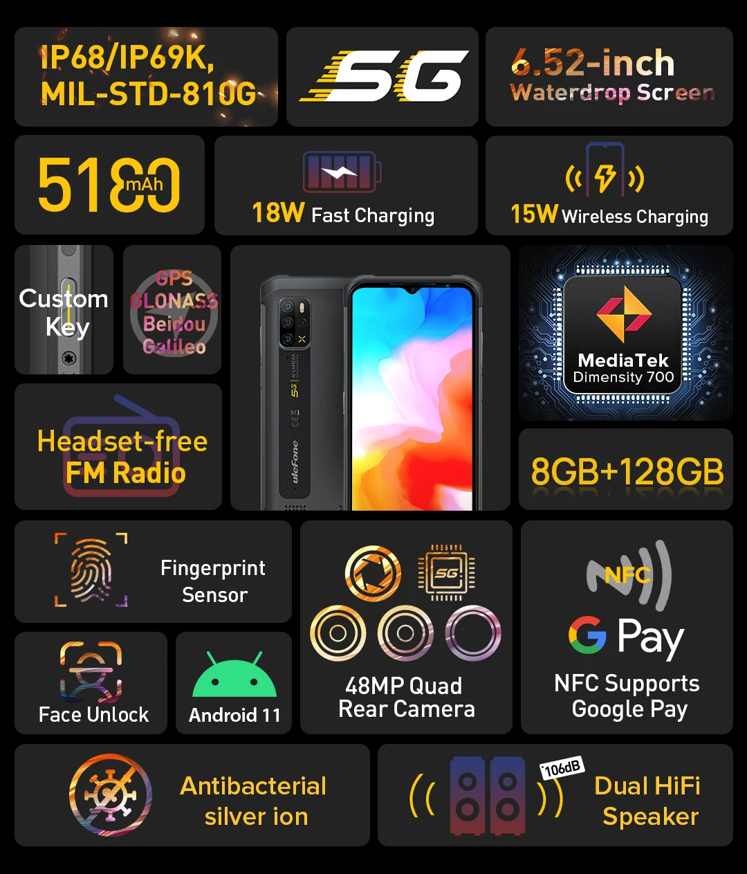 Global Version Android NFC Ulefone Armor 12 5G Rugged Phone 11 8GB+128GB  6.52“ Waterproof Smartphone 5180 mAh Wireless Charging ram computer