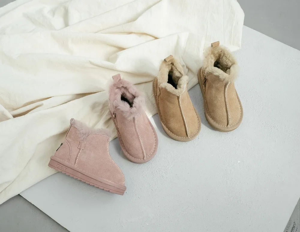 2020 New Winter Children Snow Boots Genuine Leather Wool Girls Boots Plush Boy Warm Shoes Fashion Kids Boots Baby Toddler Shoes