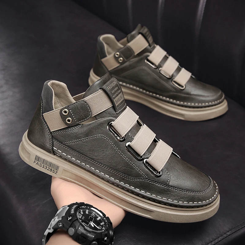 Men Casual Shoes Spring Summer High Top Velcro Sneakers Mens Fashion Black Soft Leather Non-slip Design | Спорт и развлечения