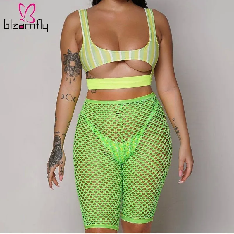 

Fishnet See Through High Waist Knee Pants For Women Summer Neno Green Skinny Mesh Sheer Panties Beach Cover Up Holiday Outfits