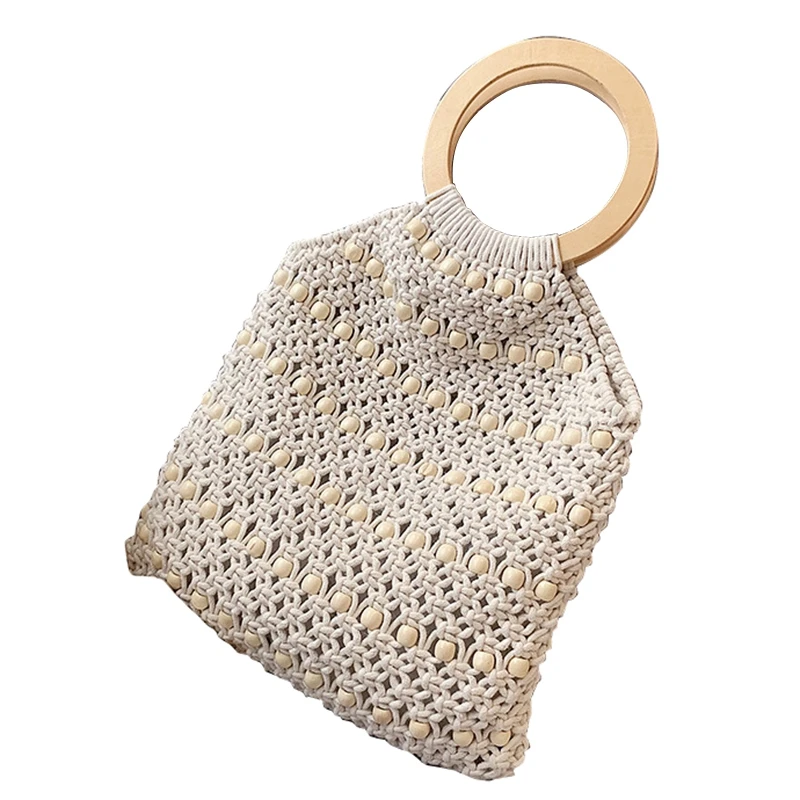 

ABZC-Women'S Hollowed-Out Net Bag Handmade Casual Fashionable Woven Bag Cotton Shoulder Bag Beach Straw Woven Wristlets Bag