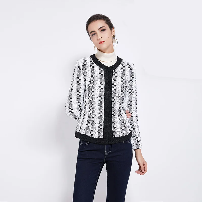 

Separate Station Autumn And Winter New Style Graceful Crew Neck Long Sleeve Stripes Tweed WOMEN'S Dress Jacket