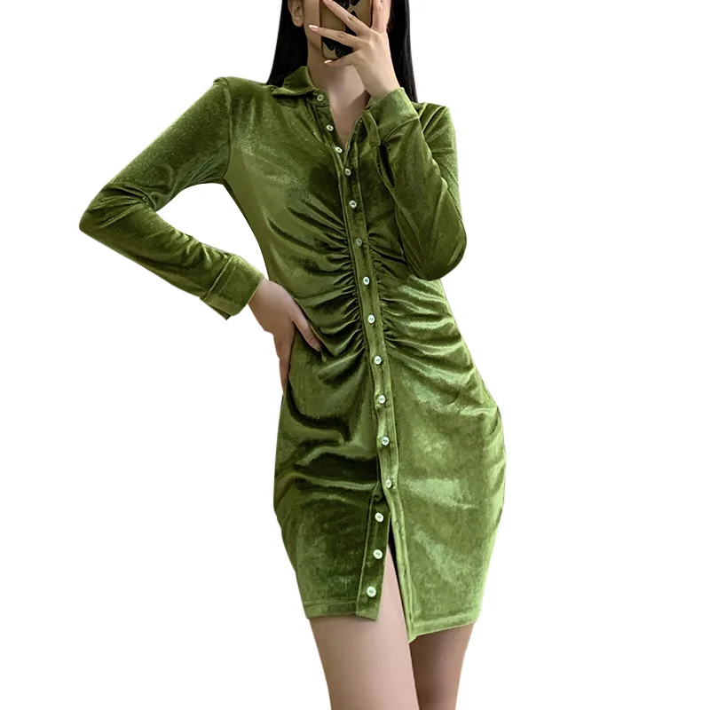 Lyer Women Casual Winter Dress Turn-Down Collar Buttons Mini Velvet Dresses Female Elegant Ladyce Long Sleeves Shirt Vestidos | Женская