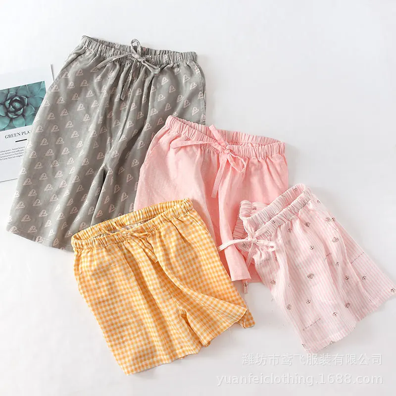 

Couples Shorts Thin Pajamas Summer 100% Cotton Double Gauze Printing Leisure Home Sleeping Pants Women and Men Sleep Bottoms