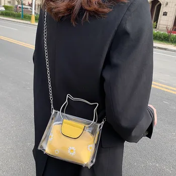 

2020 Summer Women's Messenger Bag Transparent Chrysanthemum Pattern Two-Piece Bag Cat shape metal clutch