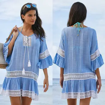 

2020 Women Feminino Summer Boho Vintage Transparent Beach Dress Swimwear Bikini Cover-up Loose Kaftan Lace Tunic Sundress