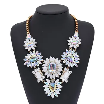 

V Shape Rhinestone Flower Water Drop White Rhinestone Statement Necklace Women Choker Collar Custom Jewelry