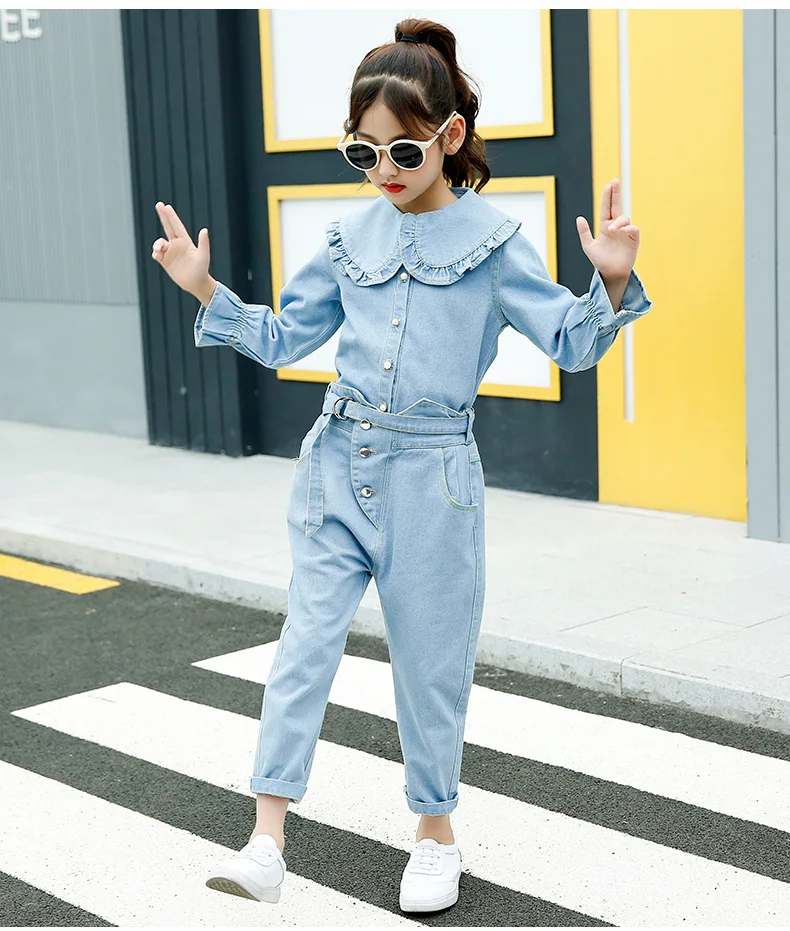 Осенний стильный костюм для девочек из 2 предметов детская одежда джинсовая рубашка с лацканами+ джинсы 8, 10, 12, школьная одежда для девочек