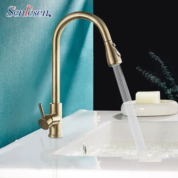 

Senlesen Kitchen Sink Faucet Pull Out Sprayer Nickle Gold Faucet Deck Mount Hot and Cold Water Single Hanlde Para Kitchen Sink