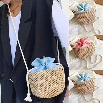 

Aelicy Drawstring Bucket Bag Fashion Straw Contrast Color Women Crossbody Bag Small Shoulder Bags Female Sac A Main Femme