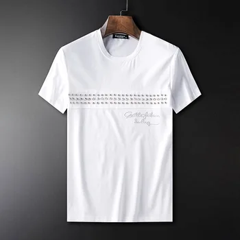 

2020 Embroidery Rivets T Shirts Men Short Sleeve Fashion Man Streetwear O Neck Slim Mercerized Cotton Camisetas Calavera Hombre