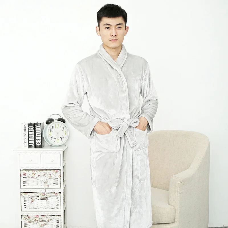 Night Robe Sleepwear Bathrobe Women Robes Thick Plus-sized Korean-style Long Sleeve Open Front Lace-up Men And Women Pajamas - Цвет: Light Gray