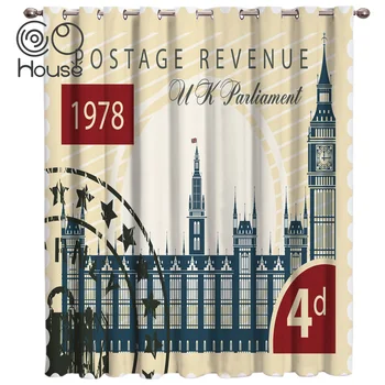

Vintage London Stamp Window Treatments Curtains Valance Window Blinds Kitchen Bedroom Drapes Decor Living Room Curtains