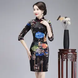 Китайский традиционный стиль, плюс размер, стоячий воротник, Женский Чонсам с принтом, семь точек, рукав, длинный, резной, бархат, короткий