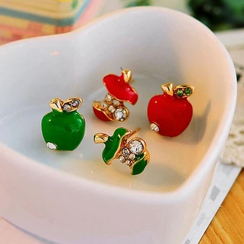 

2 Colors Apples Earrings Women Red Green Asymmetric Rhinestone For Apple Shaped Earrings Absolutely Creative Rhinestone Earrings