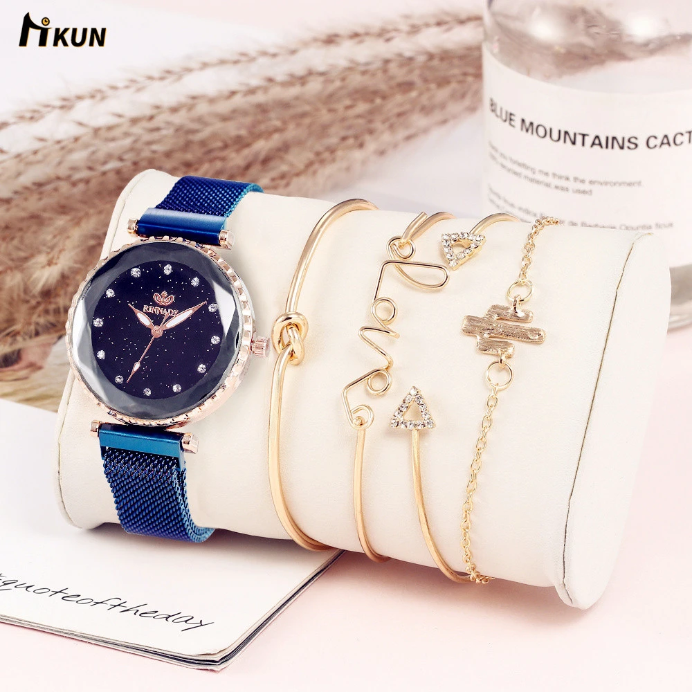 

5pc/set Luxury Brand Women Watches Starry Sky Magnet Watch Buckle Fashion Casual Female Wristwatch Roman Numeral Simple Bracelet