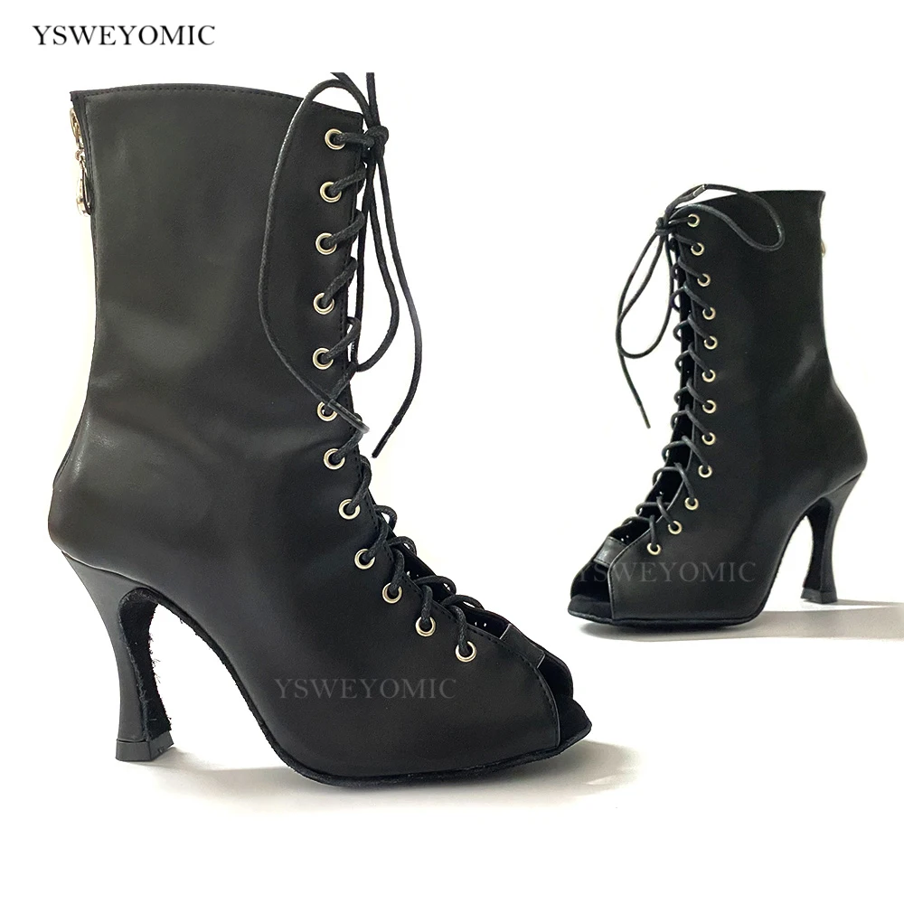 YSWEYOMIC Bachata Latin Dancing Shoes Black Leather Small Open Toe Indoor Leather Outsole Salsa Latin Dance Booties High Heel