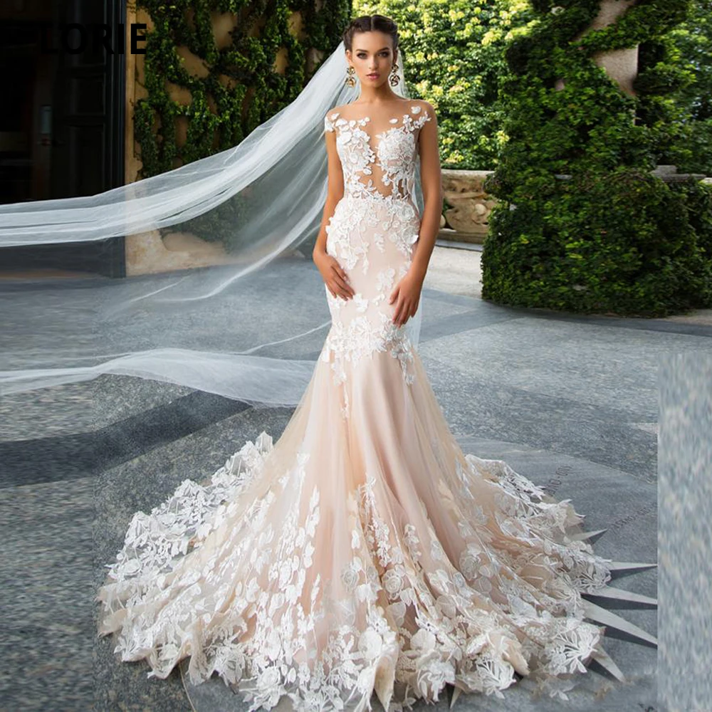 Booma Cap Sleeve Mermaid Wedding Dresses Eleganr Appliques Lace Bridal