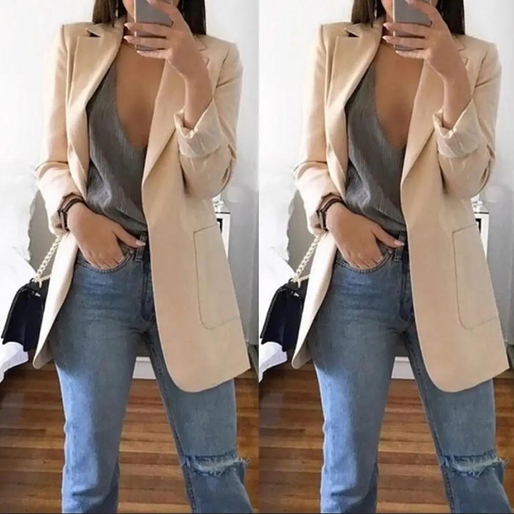 Fashion Slim Blazers Women Autumn Suit Jacket Female Work Office Lady Suit Black with Pockets Business Notched Blazer Coat