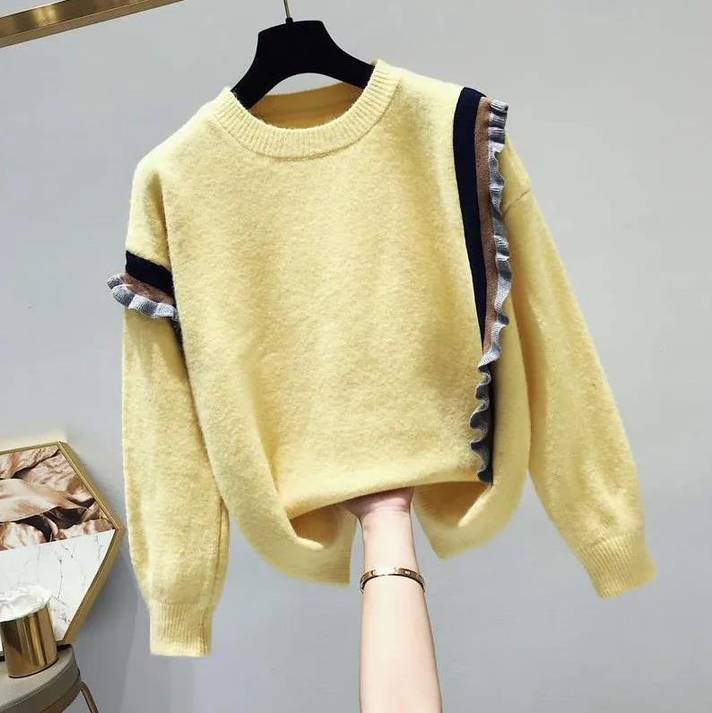 Корейский осенне-зимний женский свитер, пуловеры, вязаные милые свитера с оборками, женская одежда - Цвет: Цвет: желтый