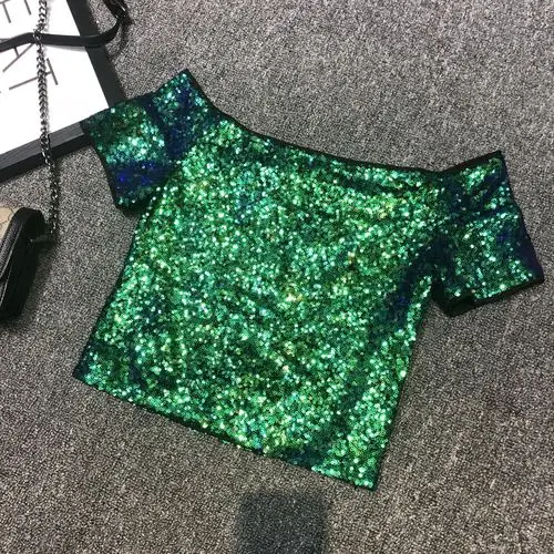Sexy Shoulders A Word Sequins T-shirt Waist Coat Nightclub Stage Wind Short-sleeved Shirt Woman Tshirts  Women Sexy Tops