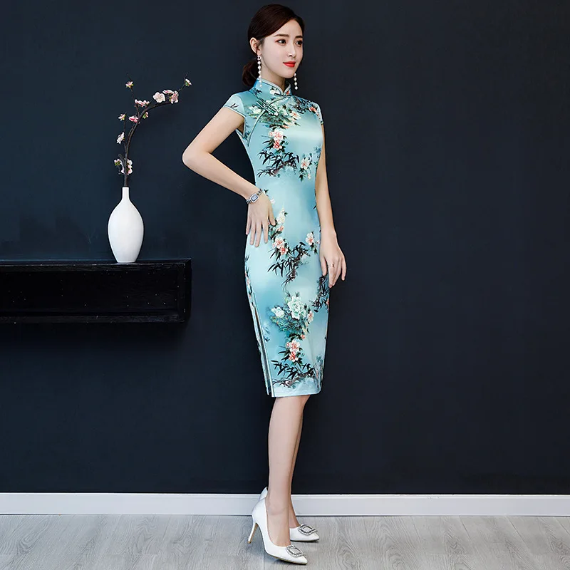 Китайское классическое платье с цветочным принтом Qipao женское элегантное платье Чонсам воротник-стойка Иллюзия молния узкое платье M-5XL