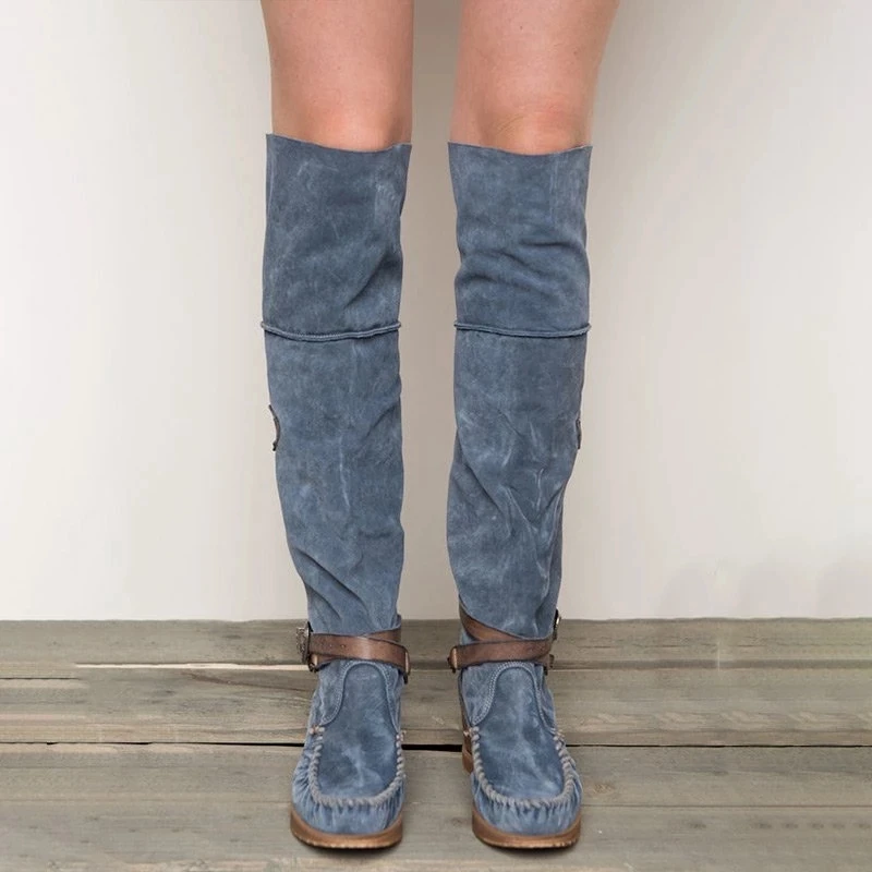 Женские высокие сапоги; Женские Сапоги выше колена; женские высокие сапоги; женские сапоги; сапоги с пряжкой в стиле ретро; обувь на плоской подошве на низком каблуке - Цвет: blue