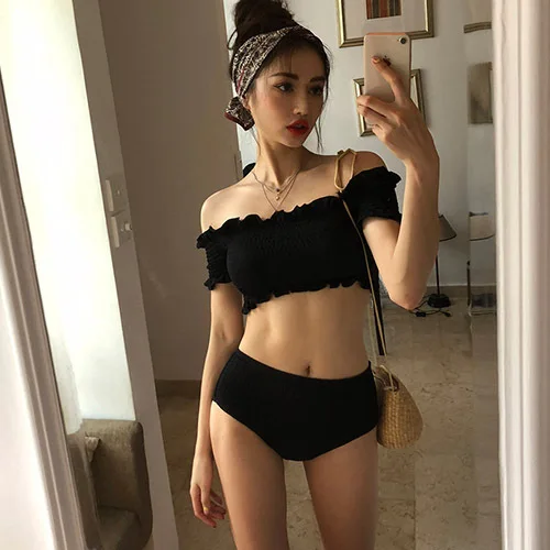 

South Korea 2018 New Style Solid Black Pleated Tube Top Swimwear Frilled off-Shoulder-Split Type Triangular Bathing Suit Women's