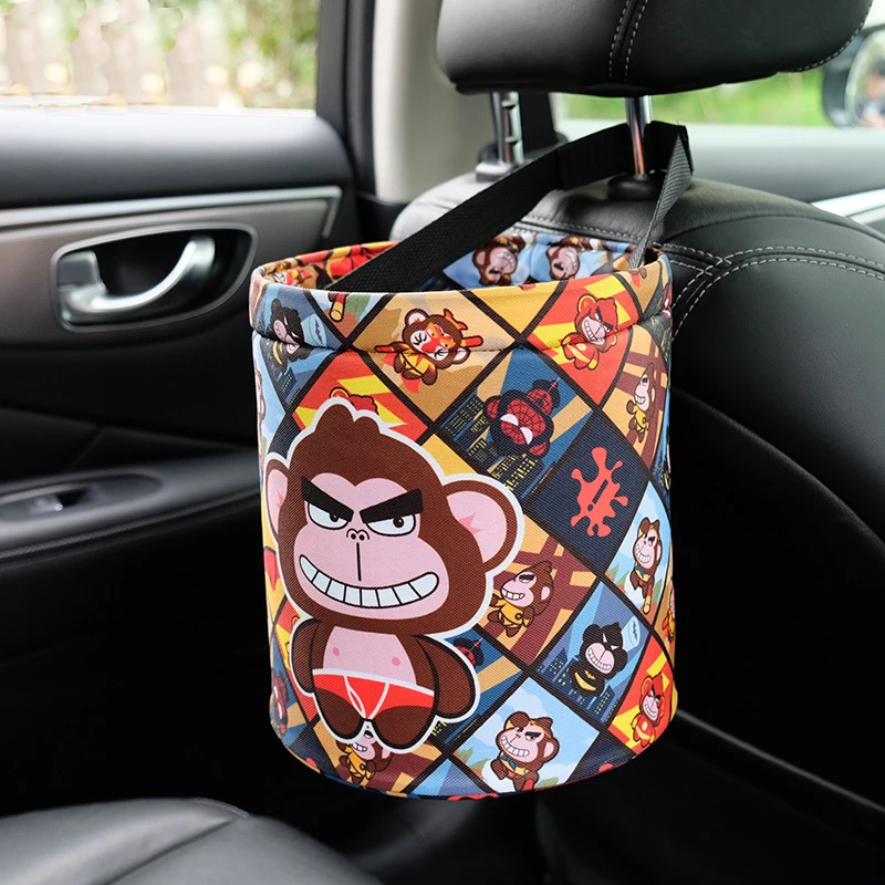 

Cartoon Orangutan Car Garbage Bin Superman Printed Cute Trash Bin Cans Folding Back Seat Hanging Organizer Garbage Holder Batman