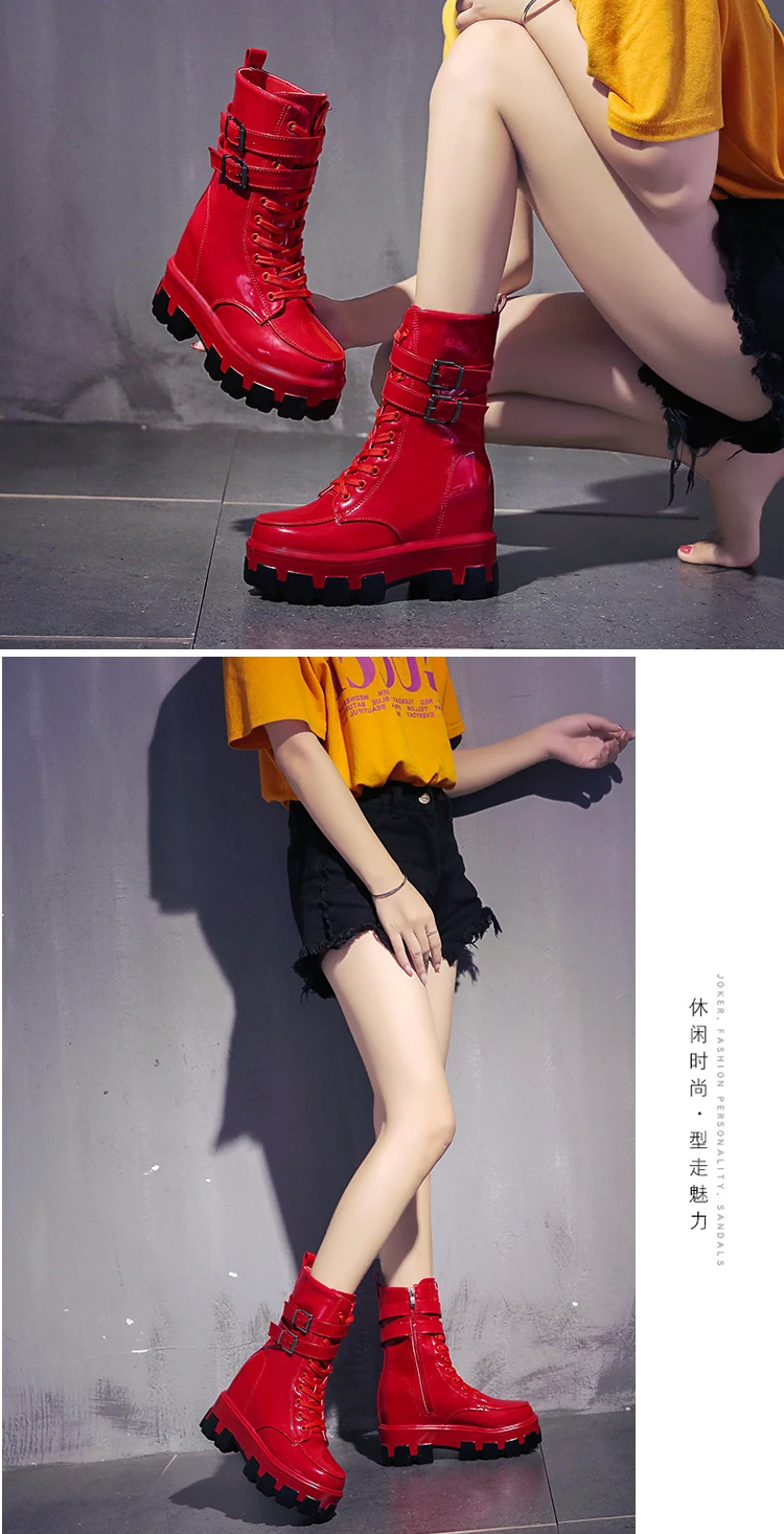 Womens Round Toe Ankel Martin Boots Lace Up Platform Wedeg Hidden 10CM Heel Punk Motorcycle Shoes New 5Colors A1811