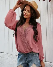 

Fashion Woman Blouses Elegant V Neck Long Sleeve Shirt Casual Spring Cross Lace Shirts Feminina Loose Pullover Blusas