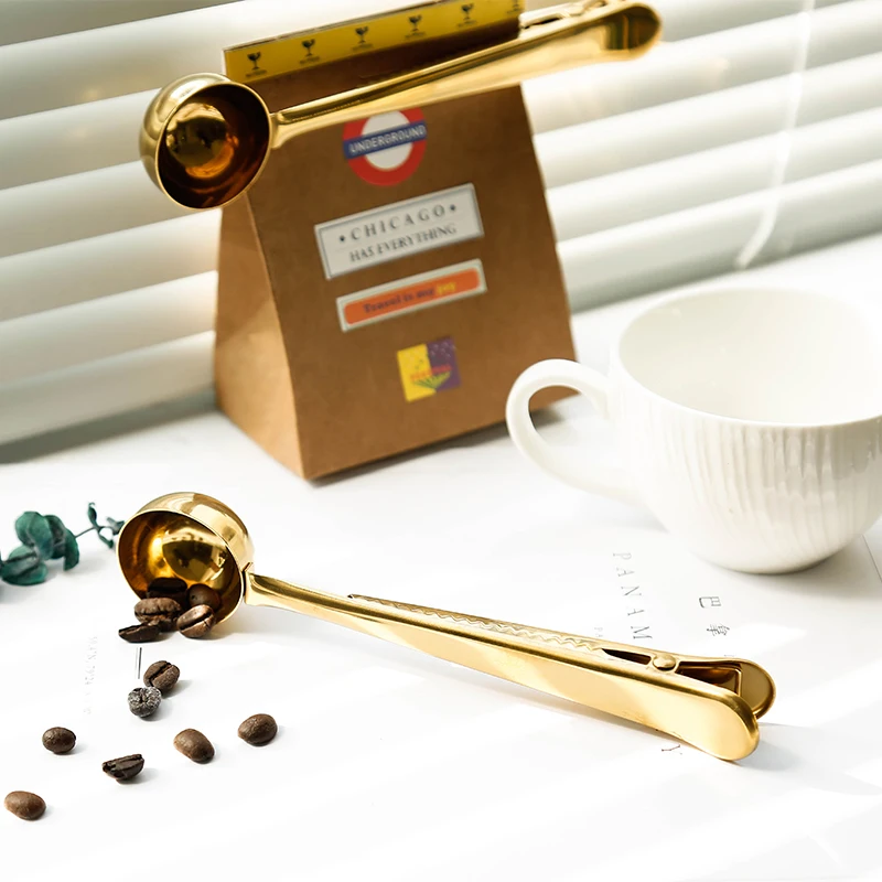 

ERMAKOVA Coffee Scoop Multifunction Stainless Steel Food Spoon Milk Tea Ground With Bag Clip Sealing Powder Drinkware Tool