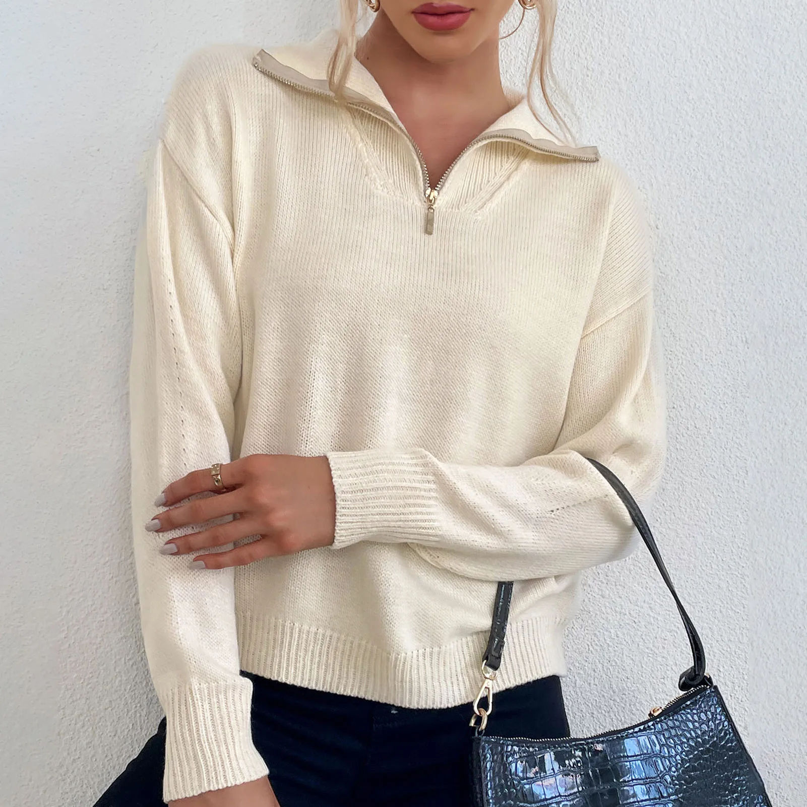 red cardigan New Fashion Women Knitted Sweater Solid Color Zipper Half Collar Long Sleeve Casual Autumn Pullover Tops Ladies Elegant Knitwear pink sweater