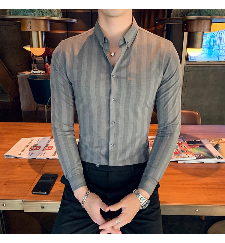 Осенне-зимняя мужская рубашка в полоску, высокое качество, мужские рубашки, приталенная повседневная мужская рубашка в полоску, рубашка-смокинг 3XL