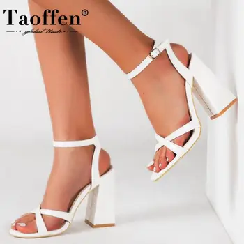 

Taoffen Women Sandals Shoes Simple Style Square High Heels Good Shoes Women Fashion Metal Buckle Outdoor Footwear Size 35-42