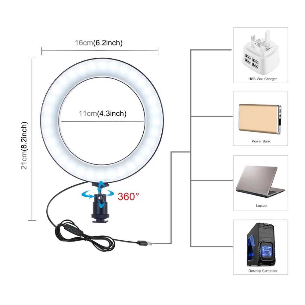 PULUZ PKT3038 6,2 дюймов USB видео кольцевой светильник со штативом, светильник, подставка, удлиняющая палку, двойной зажим для телефона для Tik Tok Youtube Live