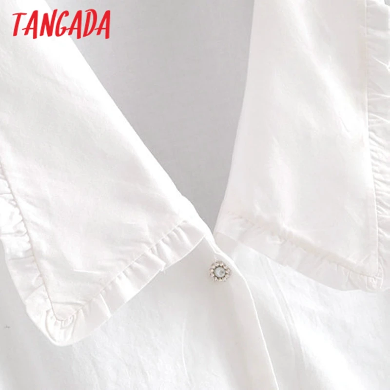 Kaufen Tangada frauen perlen tasten weiß shirts baumwolle langarm peter pan kragen kurze stil junge damen blusen 3H08