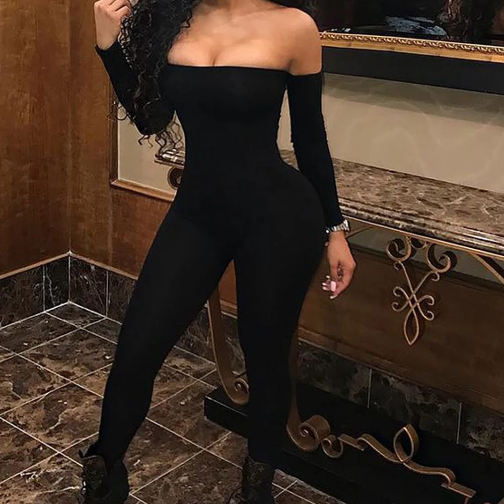 Мода женщин Дамы с открытыми плечами комбинезон с длинным рукавом Bodycon Твердые Сексуальные Клубные Комбинезоны